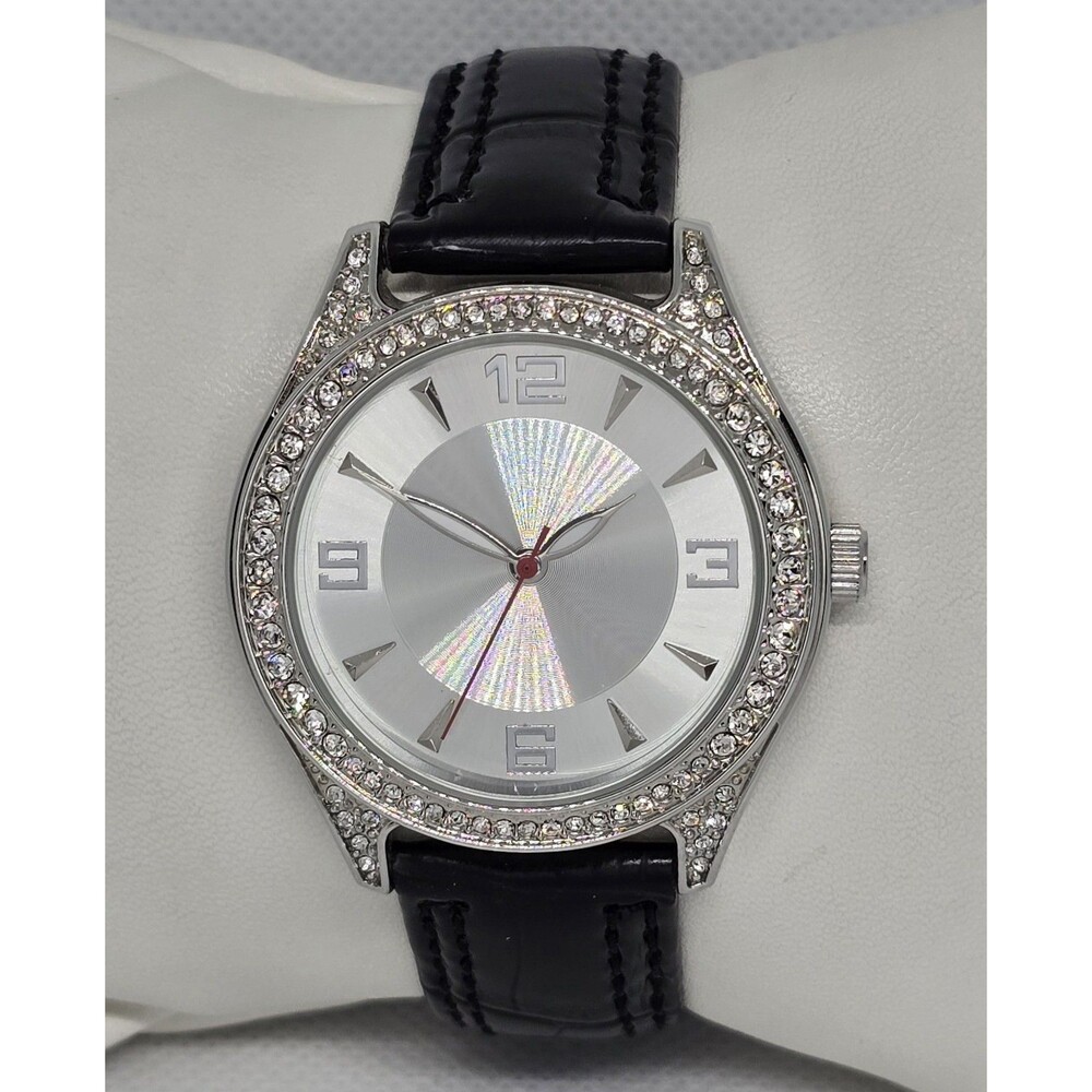 Women's Merona Classic Round Silver Tone Dial Black Leather Watch 14